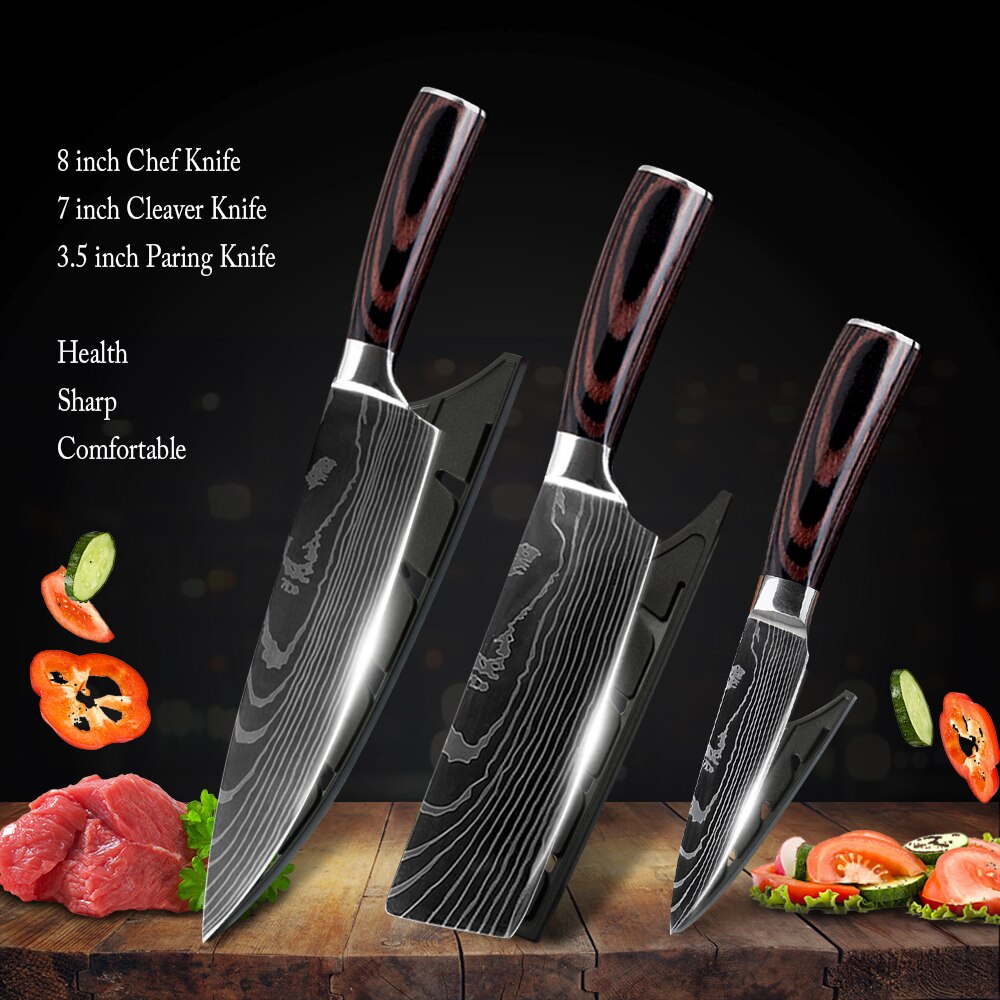 Damask Kitchen Chef Knives Set 7CR17 High Carbon Stainless Steel Sharp Utility Santoku Boning Damascus Pattern Cooking Tools: 3pcs Set 02