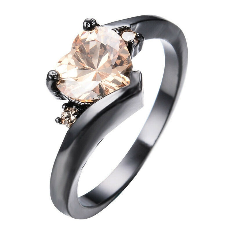 Anillo de mujer chapado en oro negro con circonita, granate en forma de corazón, tamaño 6-10