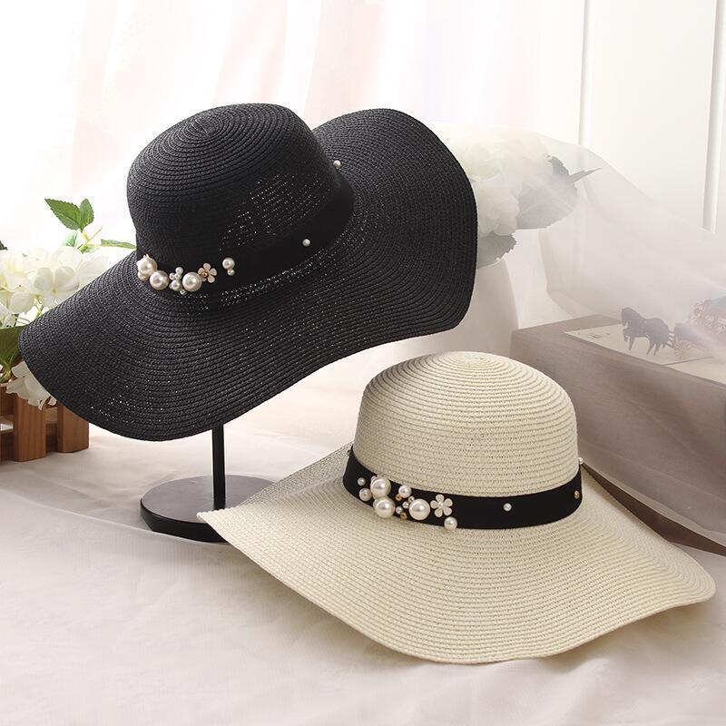 summer straw hat women big wide brim beach hat sun hat foldable sun block UV protection pearl panama hat bone chapeu feminino