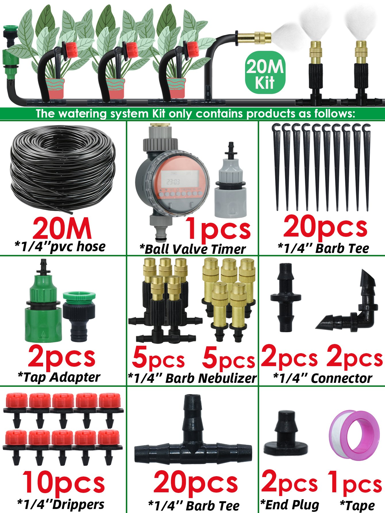 Sprycle 5M-50M Automatic Watering System Kit Garden Micro Drip Irrigation Controller DIY Cooling Mist Spray for Vegetable Flower: Burgundy