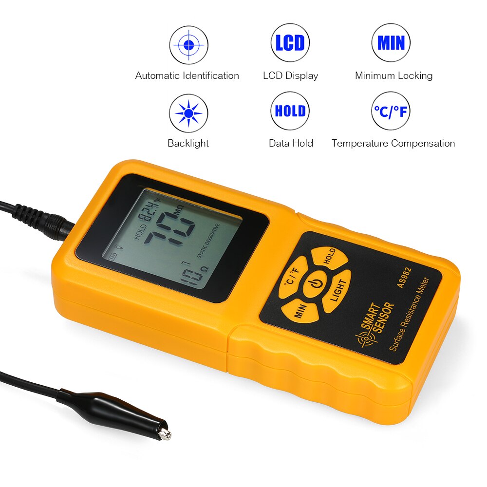 SMART SENSOR AS982 Resistance Meters Handheld LCD Surface Resistance Meter Tester Temperature Measurement Data Holding Function