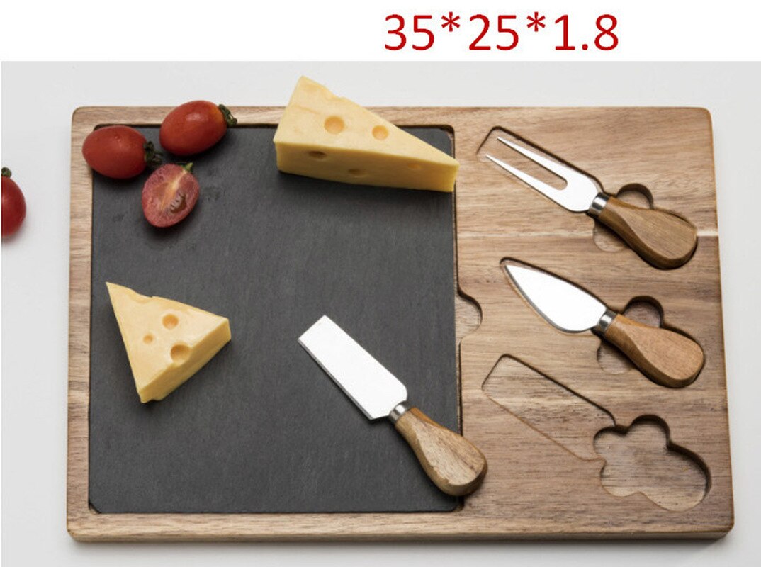 Acacia Wood Cheese Board Set with Cheese Knife Black Slate Wooden Home Cutting Board