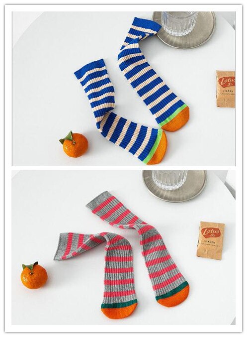Chaussettes sans talon pour enfants de 1 à 8 ans, lot de 2 paires, pour étudiants, droites, rayées, couleur assortie, printemps: 6