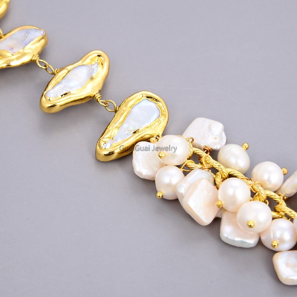 GG Jewelry 8'' Freshwater White Biwa Keshi Pearl Potato Pearl Chain Bracelet