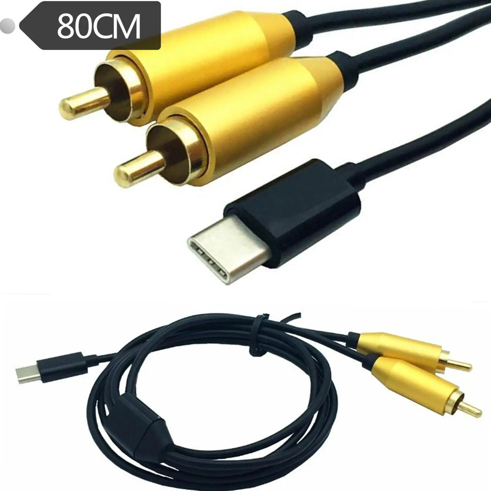 Tipo-C USB C a 2 señal macho RCA dual para función de convertidor de cable adaptador de audio AV de vídeo: Negro