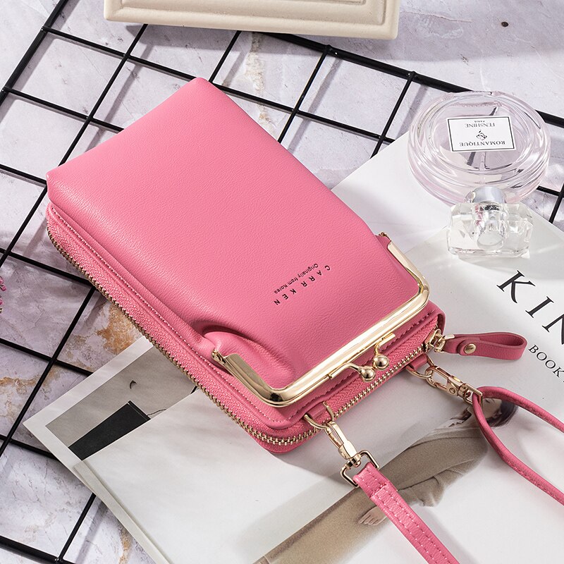 Women's Wallet Double-Layer Mobile Phone Bag Korean Ladies Messenger Shoulder Ultra Soft Multi Card Sto: Rose red