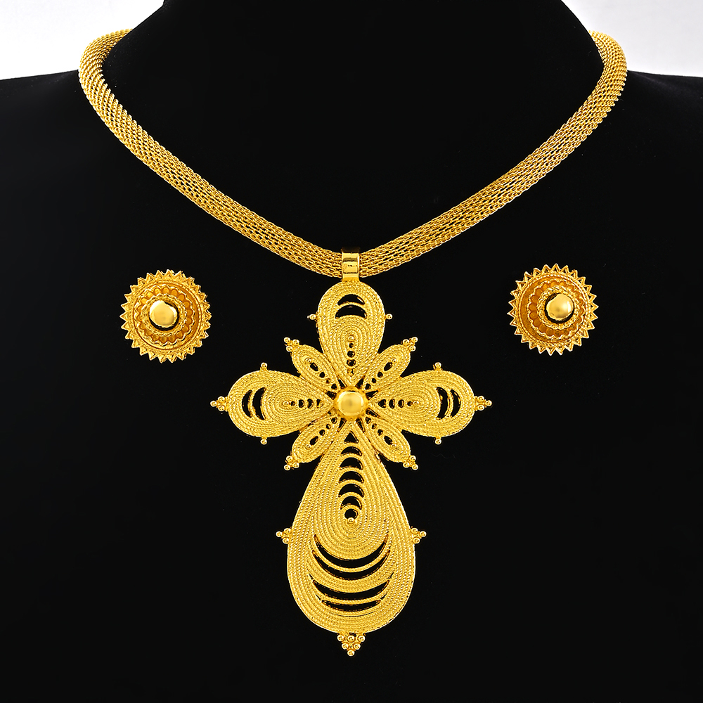 Saoedi-Arabië 24K Goud Kleur Ethiopië Vrouwen Sieraden Ketting Oorbel Afrikaanse Arabische Bruids Set Habesha Eritrea Party: Donker Goud