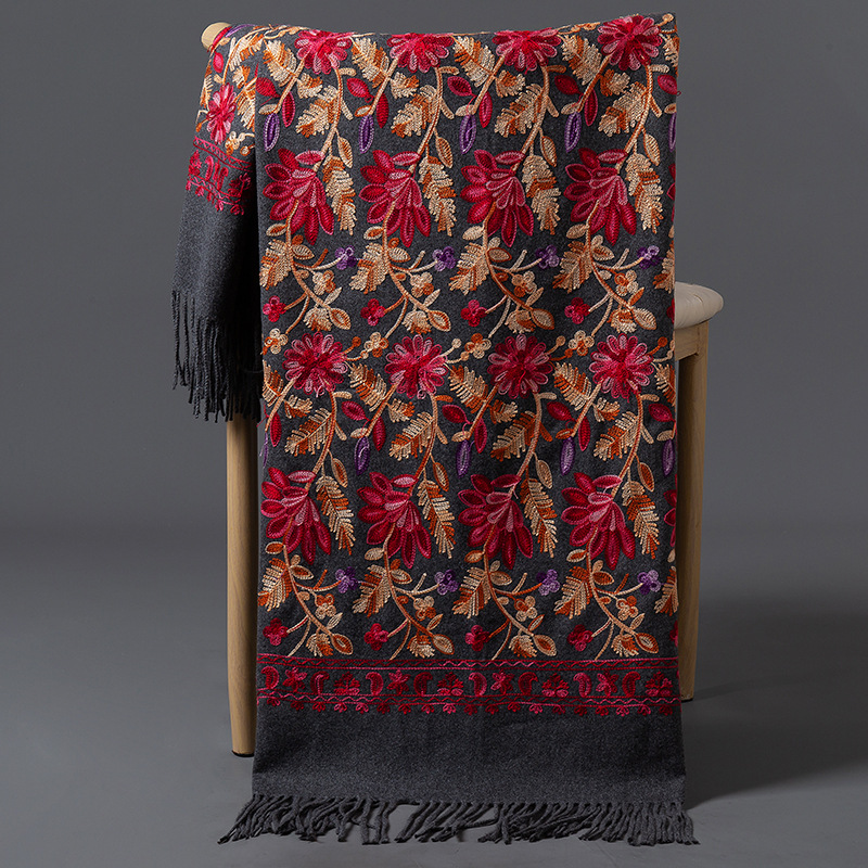 Bufanda de Cachemira con bordado Floral de lujo para mujer, chal cálido de invierno, Pashmina suave y grueso, Foulard, manta con borlas para mujer, bufandas: Plata