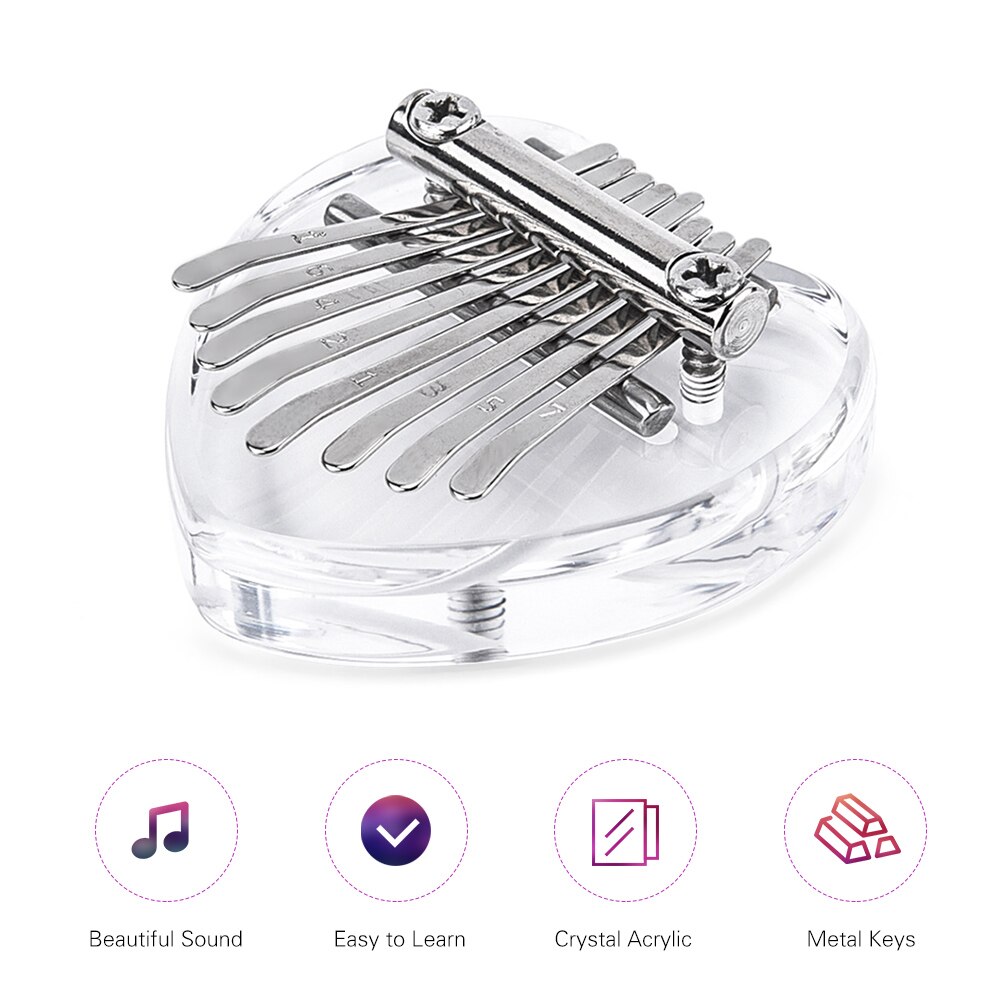 Mini Kalimba 8 Keys Kalimba Transparent Piano Crystal Acrylic Thumb Piano for Kids Adults Beginners Profesisonals Heart-shaped