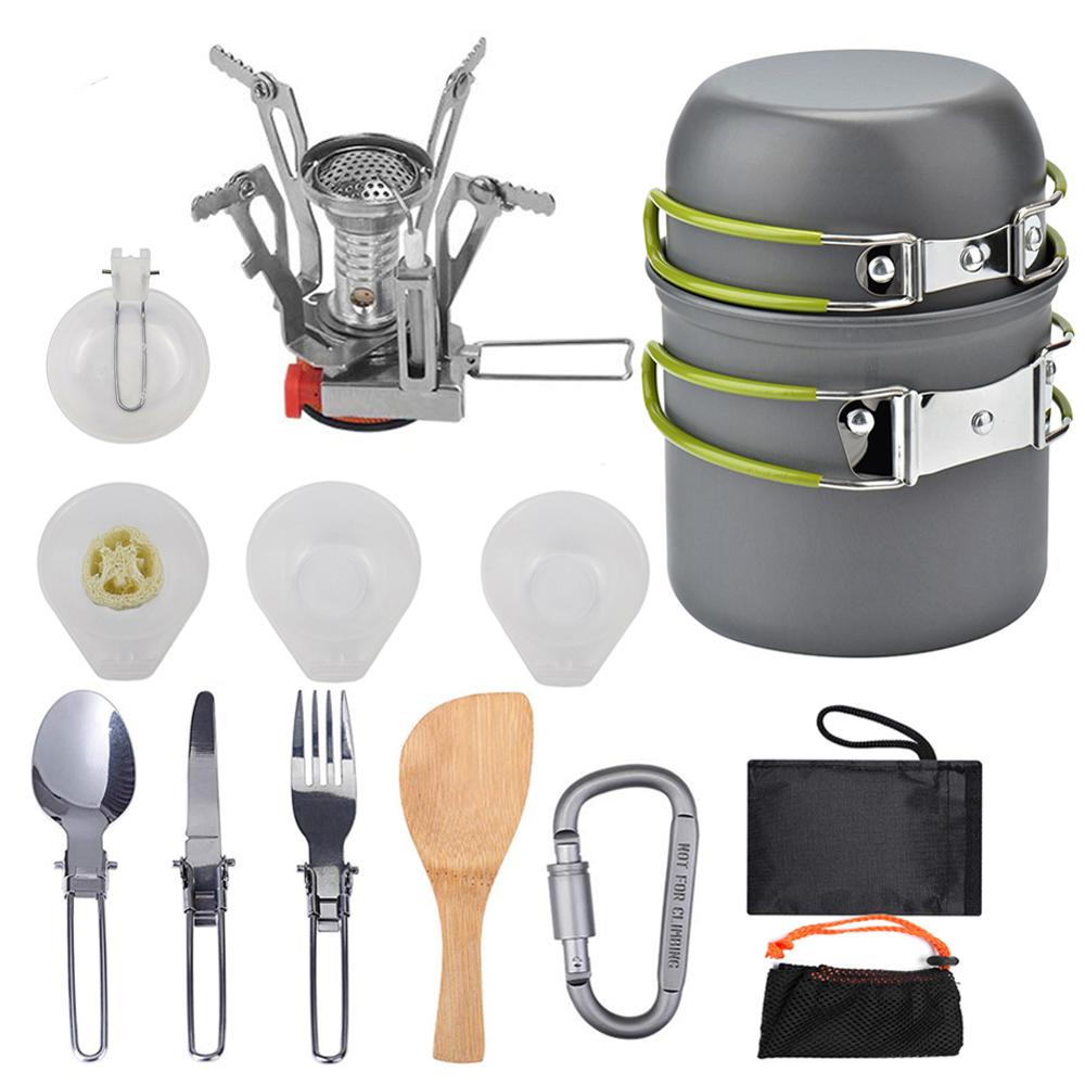 Outdoor Camping Kookgerei Set Servies Picknick Koken Pan Koekenpan Waterkoker Theepot Vork Lepel Water Cup Snijplank Picknick Gereedschap: WHITE