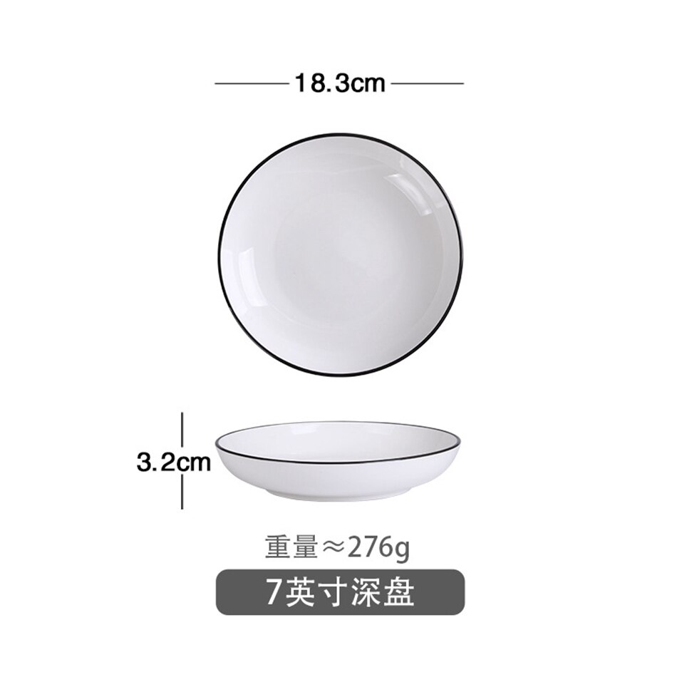 Europese stijl keramische serviesset borden eenvoudig zwarte rand zwarte lijn servies kommen en schalen restaurant diner: 7 inch  a2