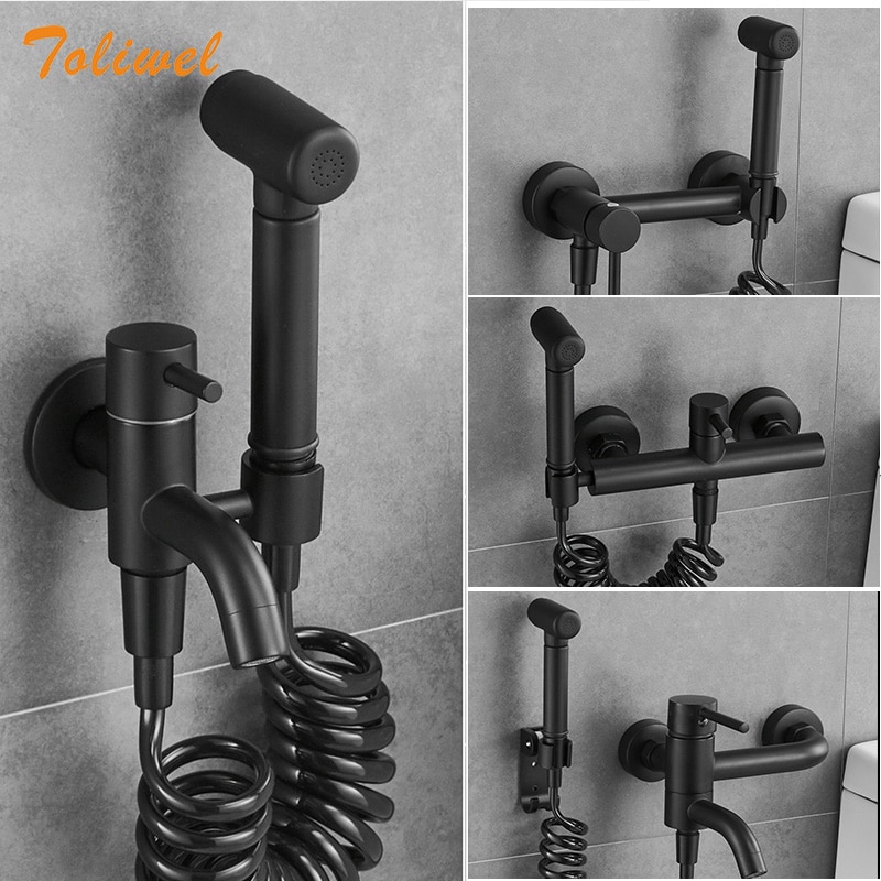 Grifo mezclador Bidet frío para baño con cabezal de ducha de latón negro montado en la pared lavado de mujer fregona grifo Shattaf Set WF0014A