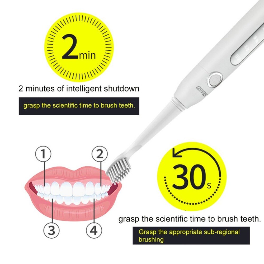 Seago SG-507 USB Rechargeable Electric Toothbrush Adult Waterproof Deep Clean Teeth Brush 2 Replacement Heads 5 Cleaning Modes