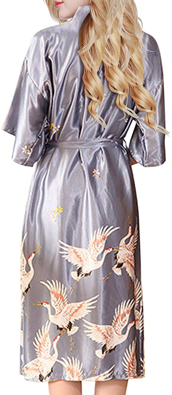 Grau Satin- Lange Bademantel Frauen Hochzeit Braut Brautjungfer Kleid Nachthemd Nachtwäsche Druck Kran Kimono Größe S M L XL XXL XXXL