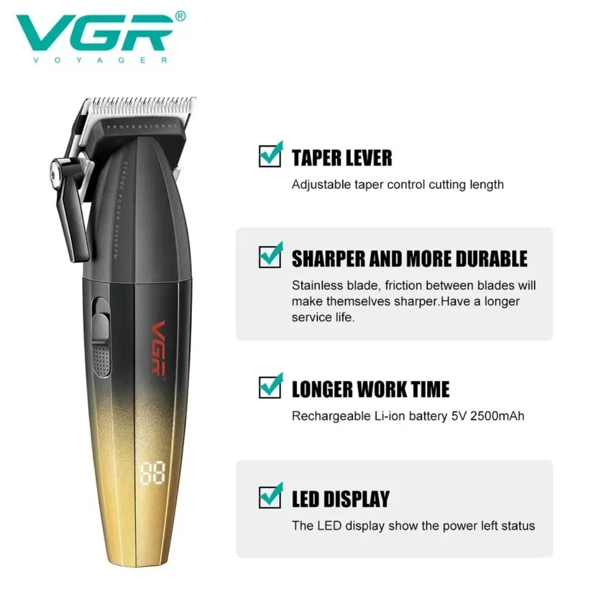 VGR Haartrimmer Professioneel Tondeuse Barbier Verstelbaar Haarknipmachine 9000 RPM Tondeuse LED-scherm Haartrimmers Mannen V-003