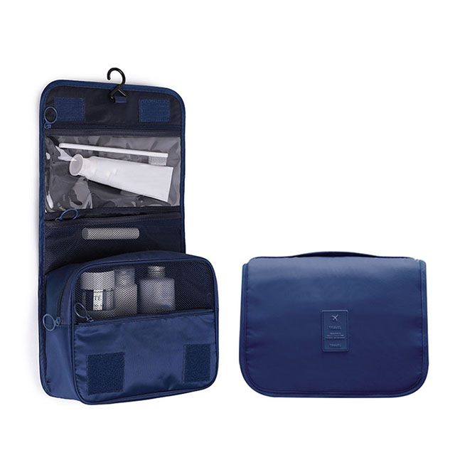 Nueva bolsa de maquillaje de viaje para niña, organizador de artículos de tocador impermeable, Neceser de para mujer, bolsa de lavado con gancho para baño, bolsa de almacenamiento con gancho: Azul oscuro