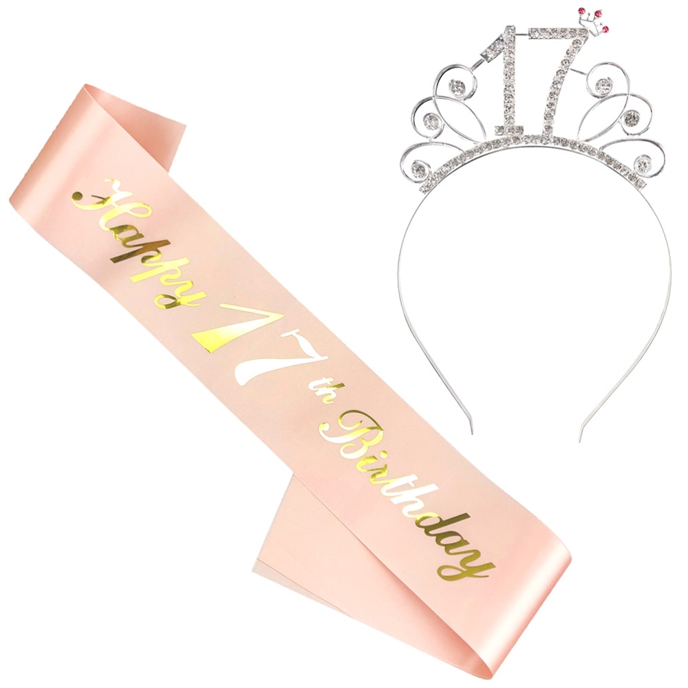 2 stuks verjaardagssjerp kroonset decoratie roségoud stempelen letterdruk etiquette riem feestbenodigdheden verkleedgunsten  (17 jaar