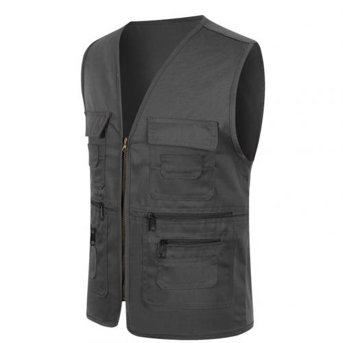 Unisex Multi-Pocket Solid Color Waistcoat Work Fishing Photography Vest Jacket: Dark Gray