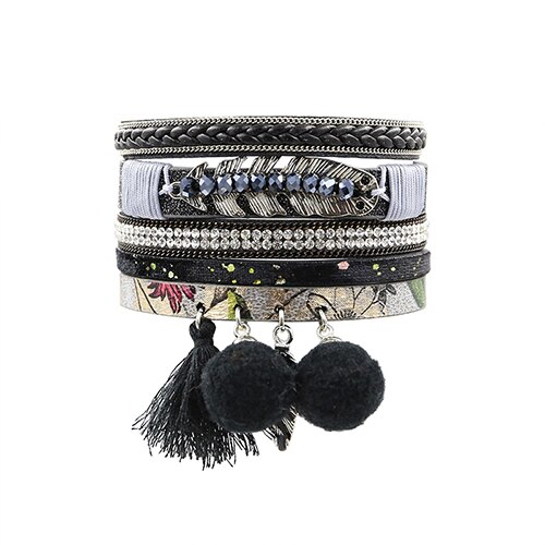 STRATHSPEY – ensemble de bracelets en strass pour femmes, plusieurs rangées, pompon, boule de fourrure, PU mousse, Bracelet, perles feuille d&#39;or, pendentif Olive: Black