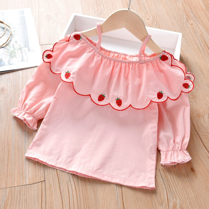 Vår höst bebis flickor blus barn barn kläder småbarn vit blus söt jordgubbsbomull barnskjorta blusas infantil: Rosa / 4t