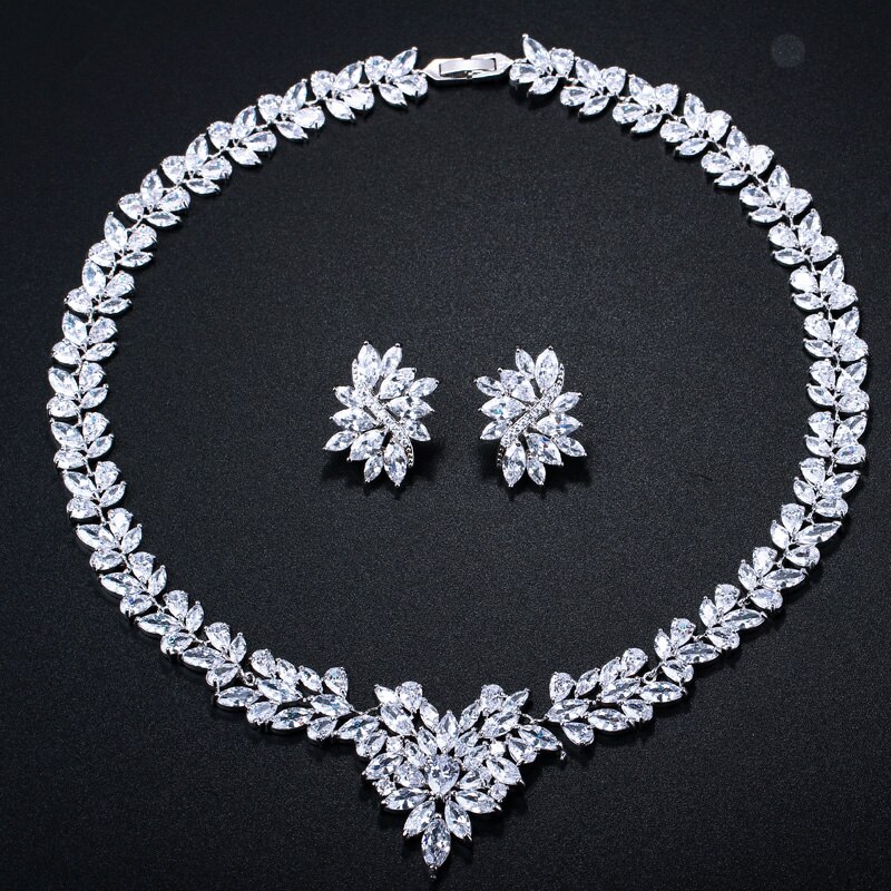 Threegraces Nigeriaanse Vrouwen Leaf Vorm Kubieke Zirkonia Steen Grote Bruids Ketting Oorbellen Sieraden Set Voor Trouwjurk JS047