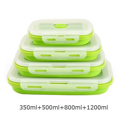 ERMAKOVA 3 of 4 Pcs Silicone Inklapbare Lunch Bento Box Hittebestendig Vouwen Voedsel Opslag Container met Luchtdichte Plastic deksel: 4-Piece Green