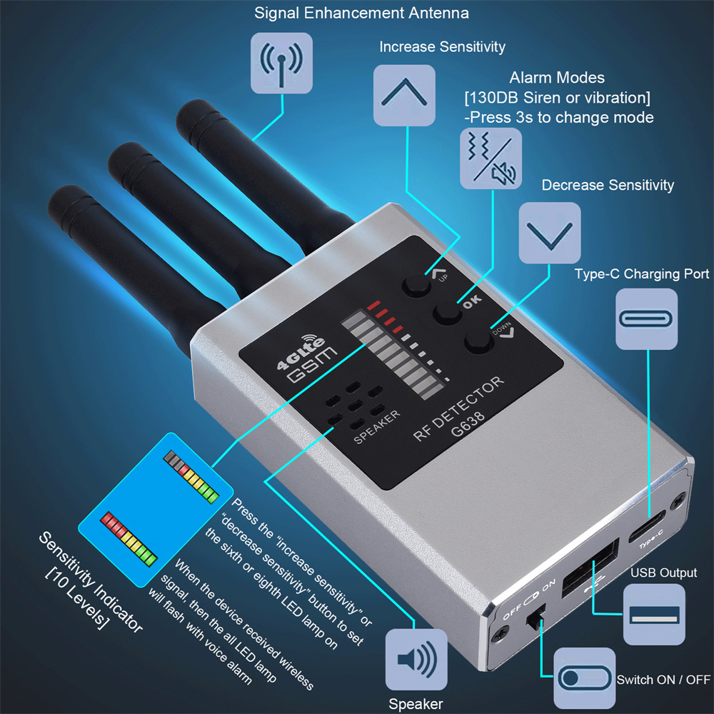Détecteur de Signal RF sans fil, Bug GSM GPS, Mini caméra, balayage IR, veille AI, détection automatique G638W