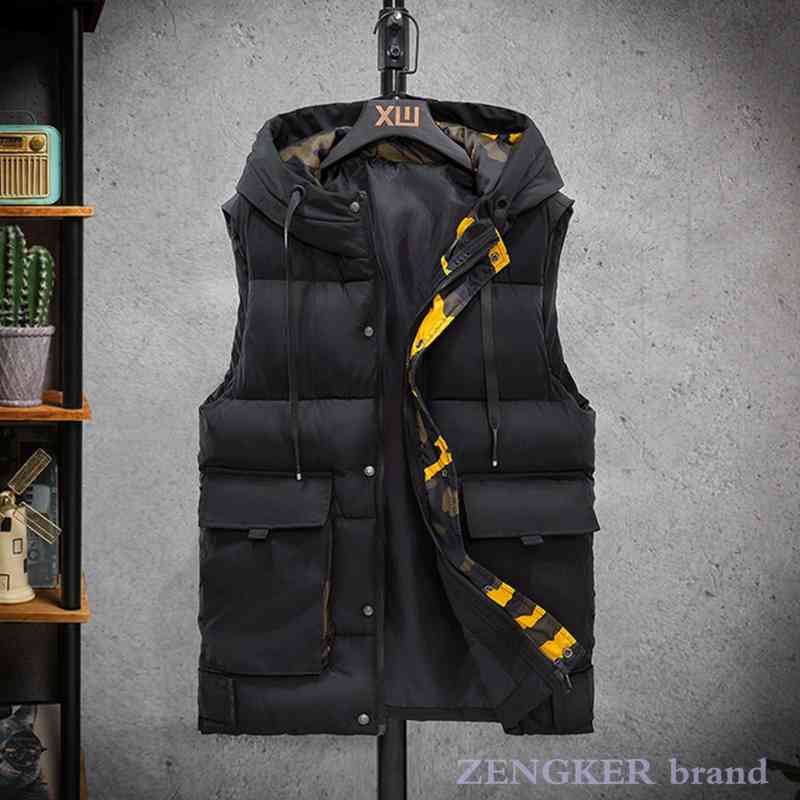 4xl algodão colete masculino cor algodão jaqueta com capuz outono inverno multi-bolso trabalho feito com ferramentas jaqueta de inverno dos homens: Black / L