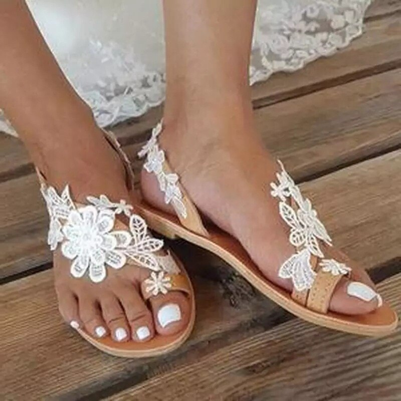 Sommer kvinder flade strand sandaler gladiator hvide blonder damer bryllupssko åben tå romersk sandalias mujer