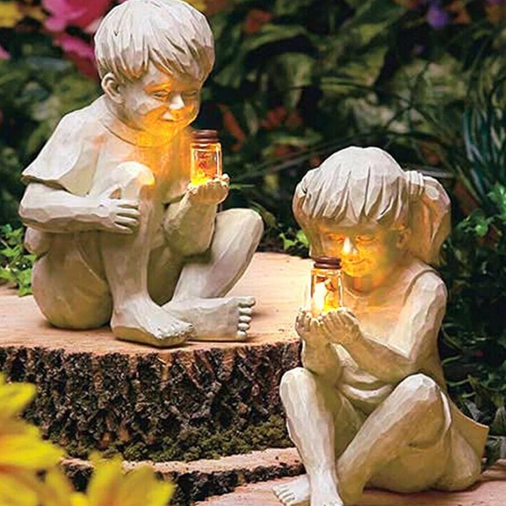 Estatua de resina para niño o niña, luciérnaga iluminada en tarro, adorno, escultura de jardín