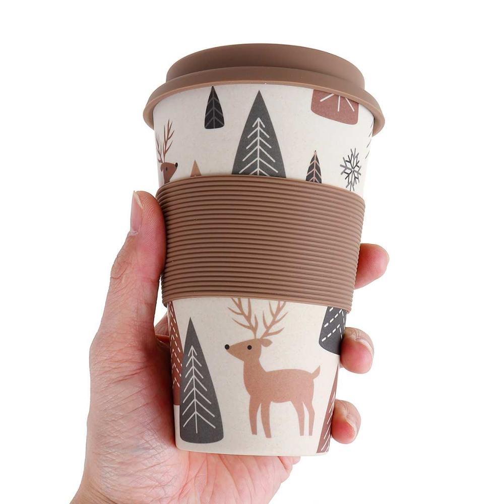 400ml Reusable Bamboo Fibre Coffee Cup Coffee Tea Mug Wheat Straw Travel with Silicone Lid