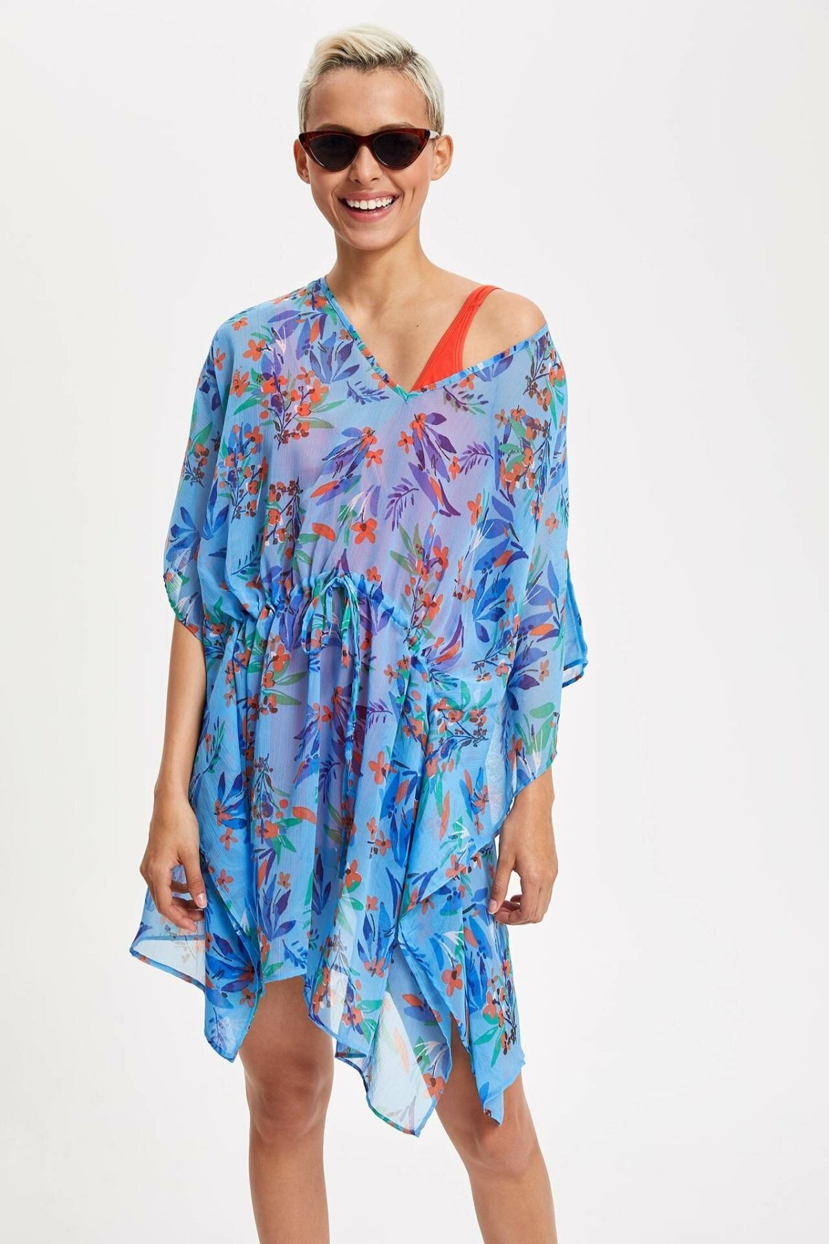 DeFacto V-Neck Chiffon Dress - Printed Ruffle Summer Dress for Women