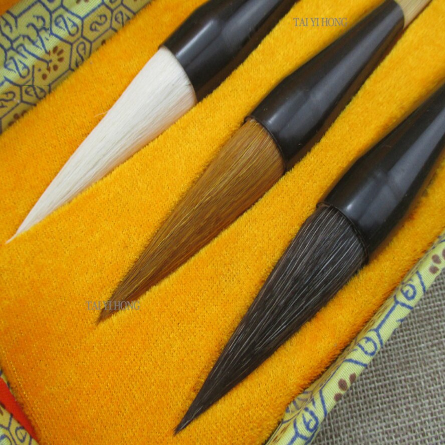 3pcs/set China calligraphy brush pen set weasel hair writing brush ink pen painting Hopper-shaped brush box set