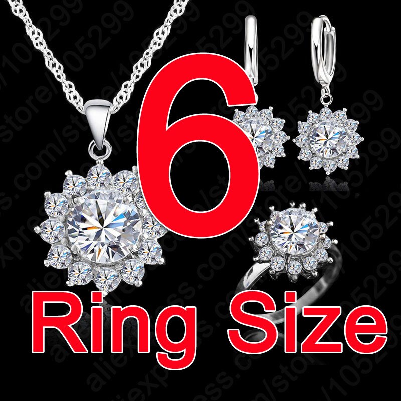 Flower Sun Cubic Zirconia Newest Genuine Silver Jewelry Sets Earrings Pendant Necklace Rings Size6-9: Size 6