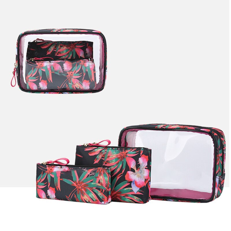 3Pcs di Corsa Trasparente di Immagazzinaggio Del Sacchetto di Trucco Borsa Da Viaggio Borse Da Toilette Per Le Donne della Chiusura Lampo Impermeabile di Grande Capienza Multifunzione: 03 black flower