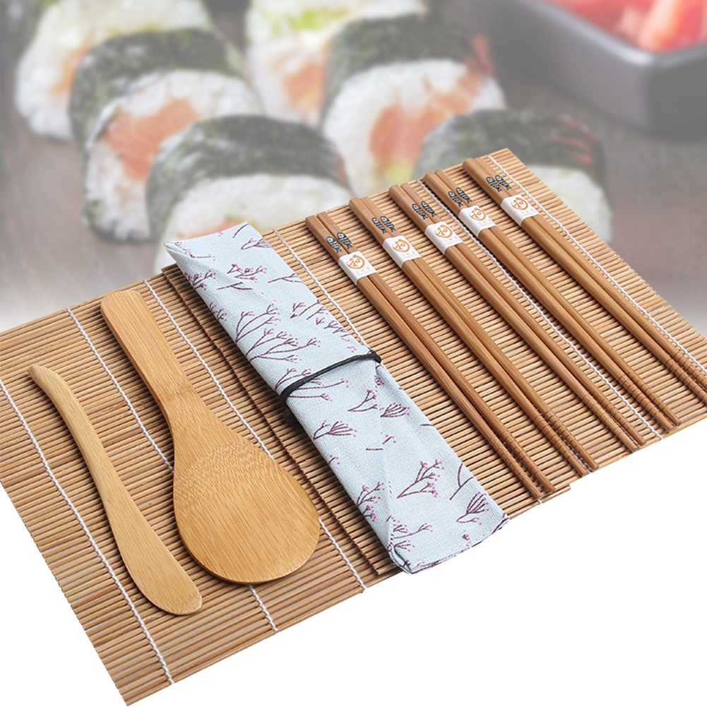 Zestaw robić robienia Sushi maty robić toczenia japońskie narzędzia kuchnia z płócienna torba robić rozrzucania ryżu DIY 5 par pałeczki trwałe bambusowe gotowanie