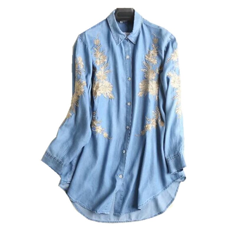 Boyfriend Gold line flor bordada mediados de la Camisa larga mujeres suelta manga larga Denim blusa Tops blusas