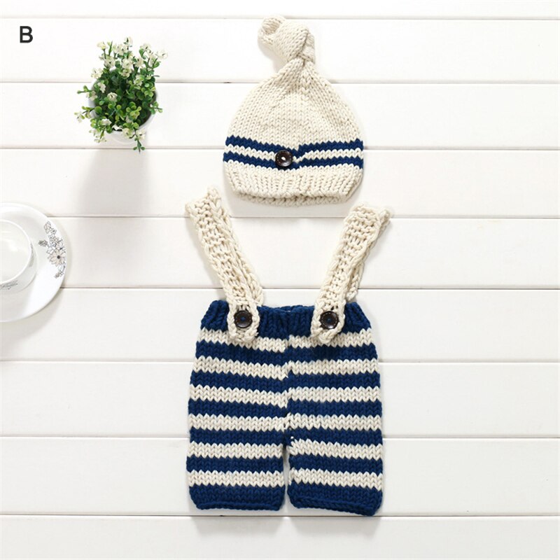 Baby foto kostume tøj nyfødte piger drenge fotografering rekvisit hæklet strik overall smækbukser + hat 2 stk sæt stribede outfits