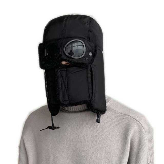 Vinter balaclava mössa för kvinnor män ansiktsmask motorhuv glasögon vindtät tjock varm snö skidor vintermössa öronskydd: Svart