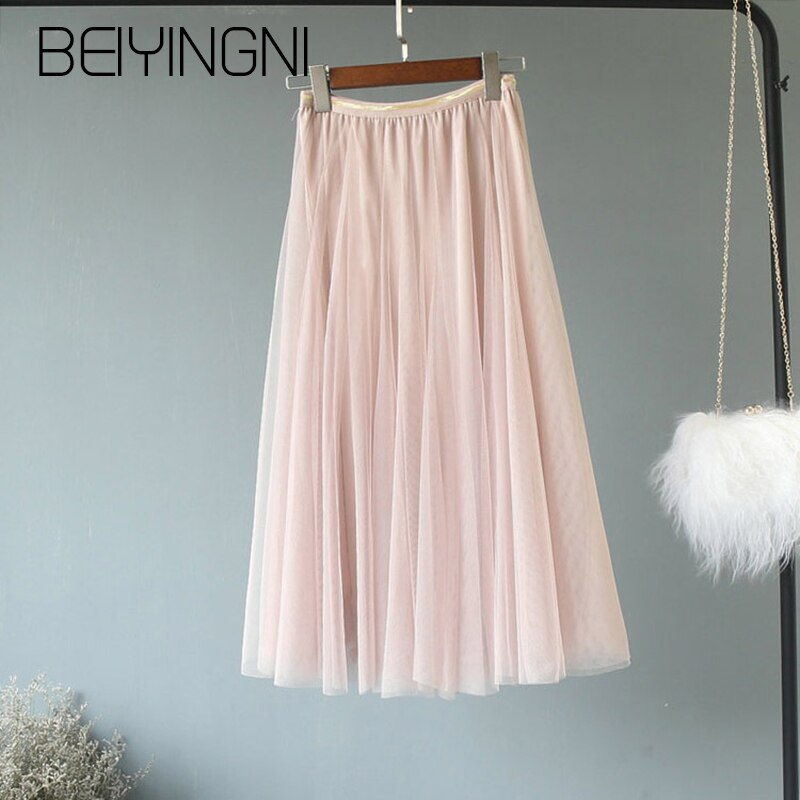 Beiyingni tyllkjolar dam mesh elastisk midja 4 färger tutu kjol söt kpop brudtärnor veckade kjolar falda saia midi