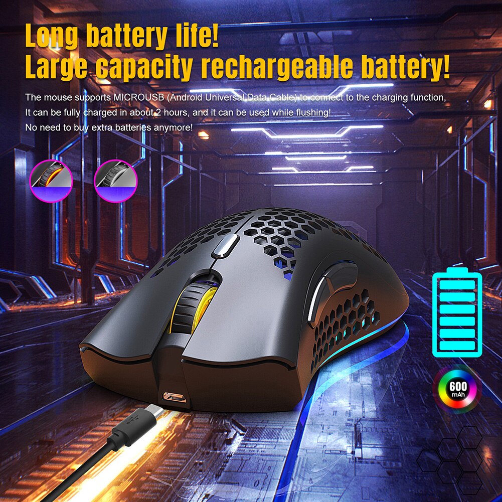 D2 2.4GHz Wireless Gaming Mouse Rechargeable RGB Backlit Hollow Optical PC Mice for Household Computer Accessories