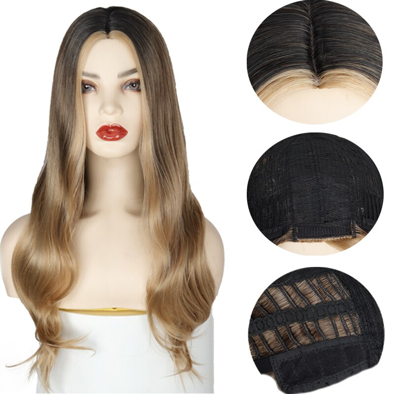 Peluca AZQUEEN largo ondulado para mujer, pelucas de pelo Natural con parte lateral, pelucas sintéticas Ombre de platino/Rubio/pelucas negras resistentes al calor para mujer