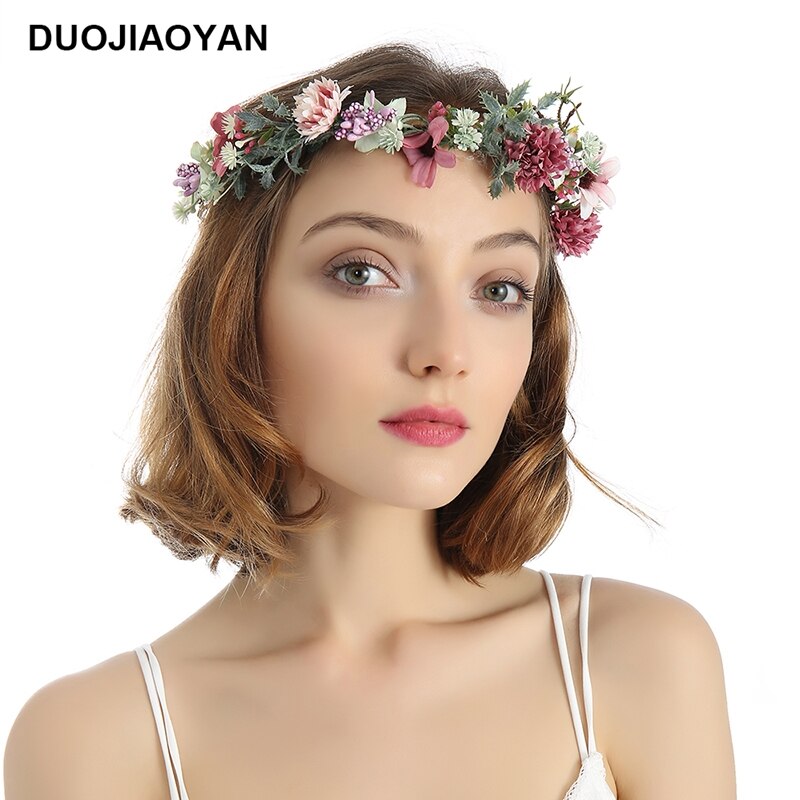 DUOJIAOYAN Color Flower Crown Tiara bridal Hair Wreath Women Fabric Artificial Flower Headband Wedding Hair Accessories