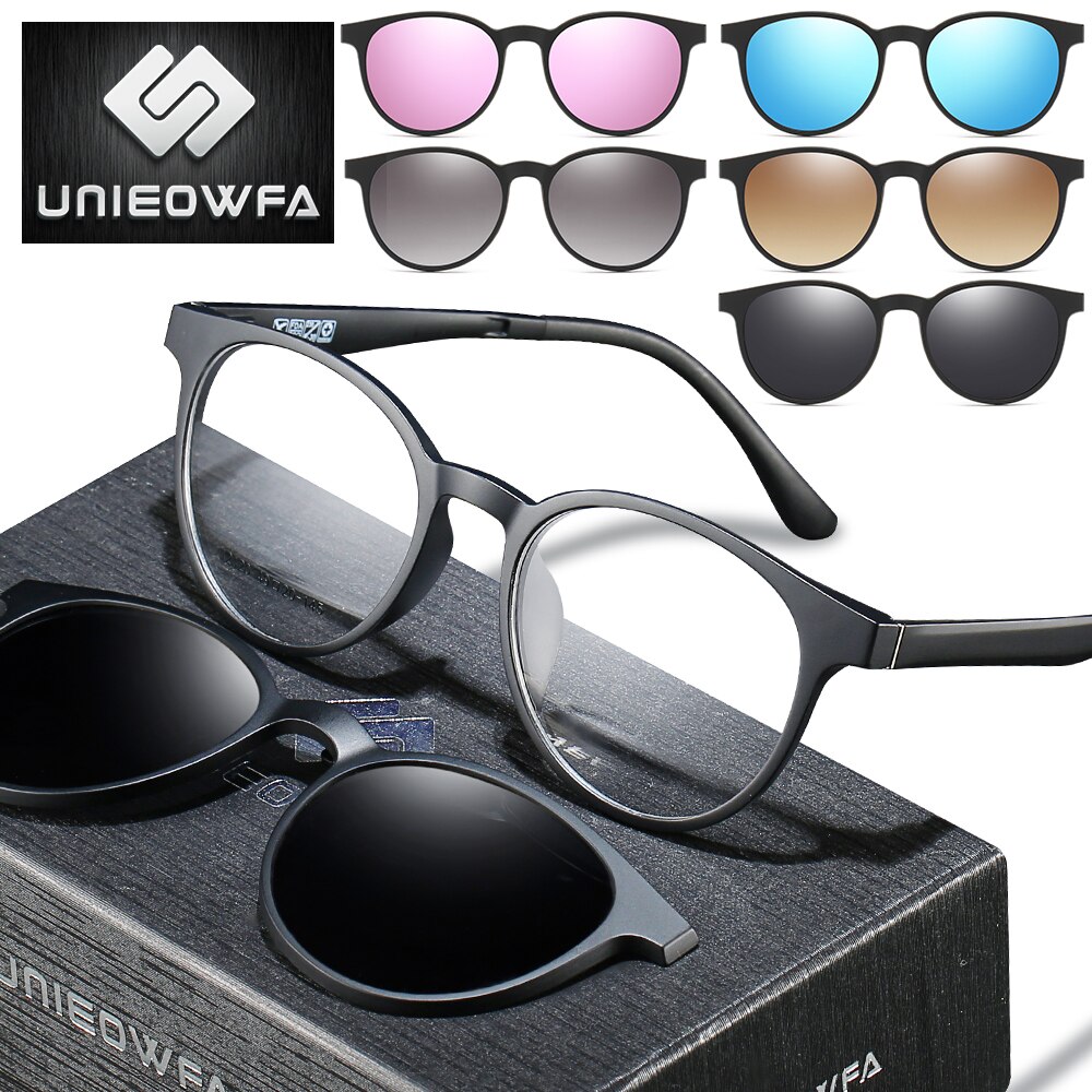 Montura de gafas con Clip magnético para hombre y mujer, lentes ópticas graduadas, montura para miopía, Clip magnético polarizado, UV400: C1 Round Black