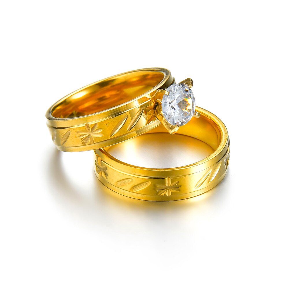 Classic Wedding Bands Ring for Women Men Lover Jewelry Stainless Steel Couple Rings Set Gold Simple Crystal Size 7