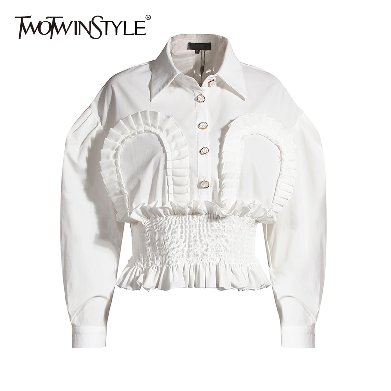 Twotwinstyle vintage patchwork rynkade toppar för kvinnor lapel puffärm tunika skjorta femaele höstvatten