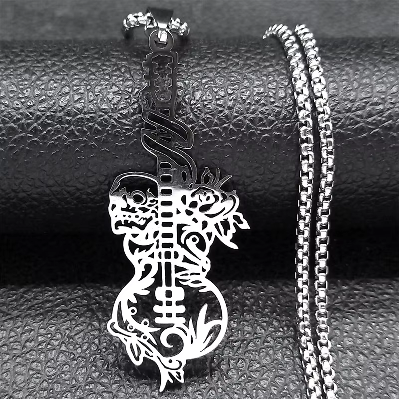 Collana con ciondolo plettro per chitarra musica rock musicale per donna/uomo Collare per gioielli regalo per feste con catena per basso musicale punk in acciaio inossidabile: Argento placcato