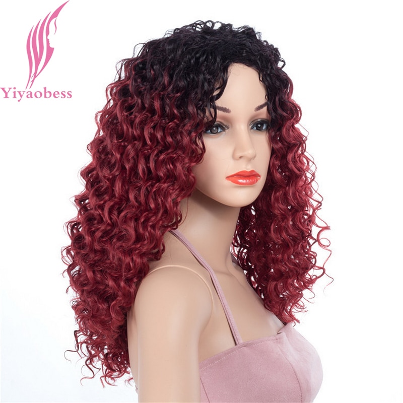Yiyaobess 20 pulgadas marrón negro rojo Ombre pelo sintético medio largo Afro rizado peluca afroamericana pelucas para mujeres