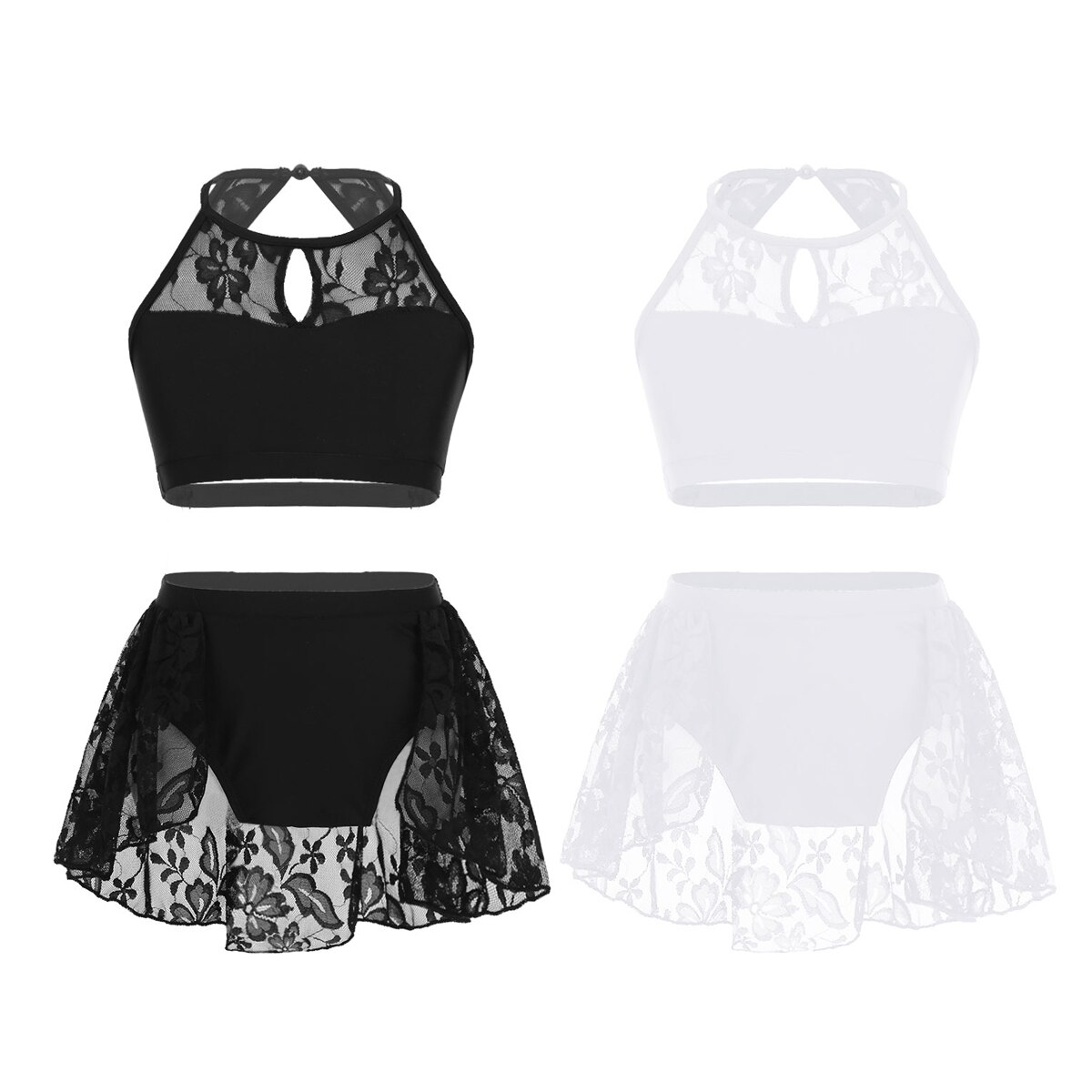 ChicTry Kids Teens Halter Lace Splice Contemporary Lyrical Dance Costumes Gymnastics Top Shorts Set Girls Ballet Tutu Dance Wear