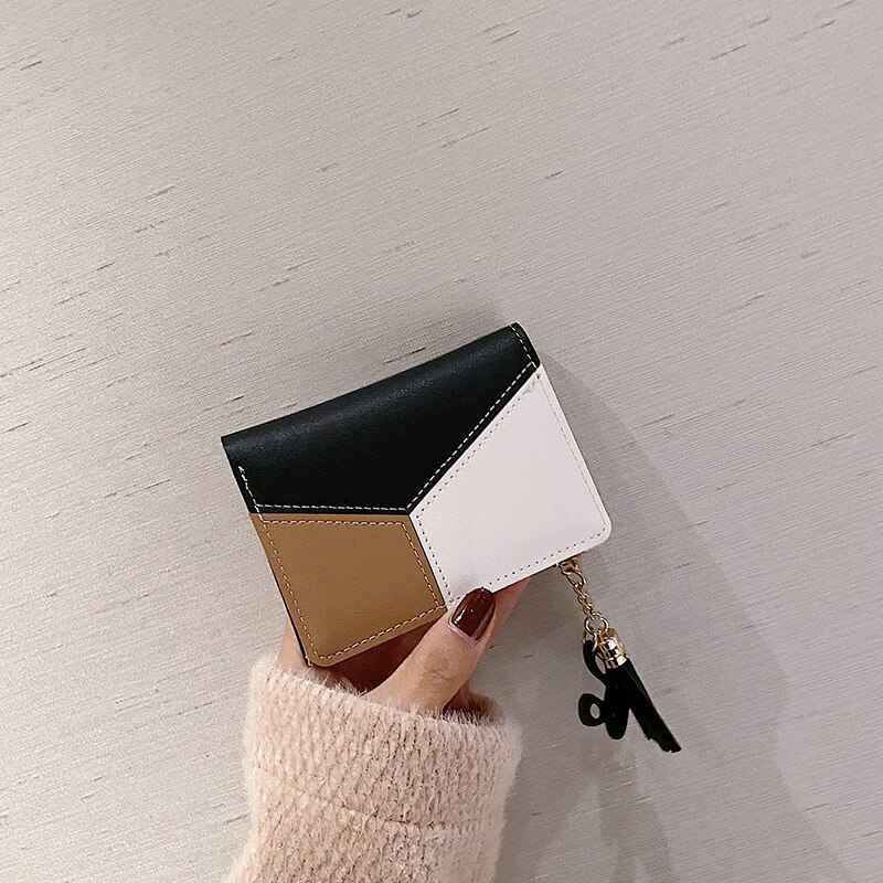 1 stück quastengeldbörse für damen, kleine, niedliche, kurze patchwork-geldbörse mit kreditkartenhalter, reißverschlussgeldbörse, münzgeldbörse für damen: Schwarz